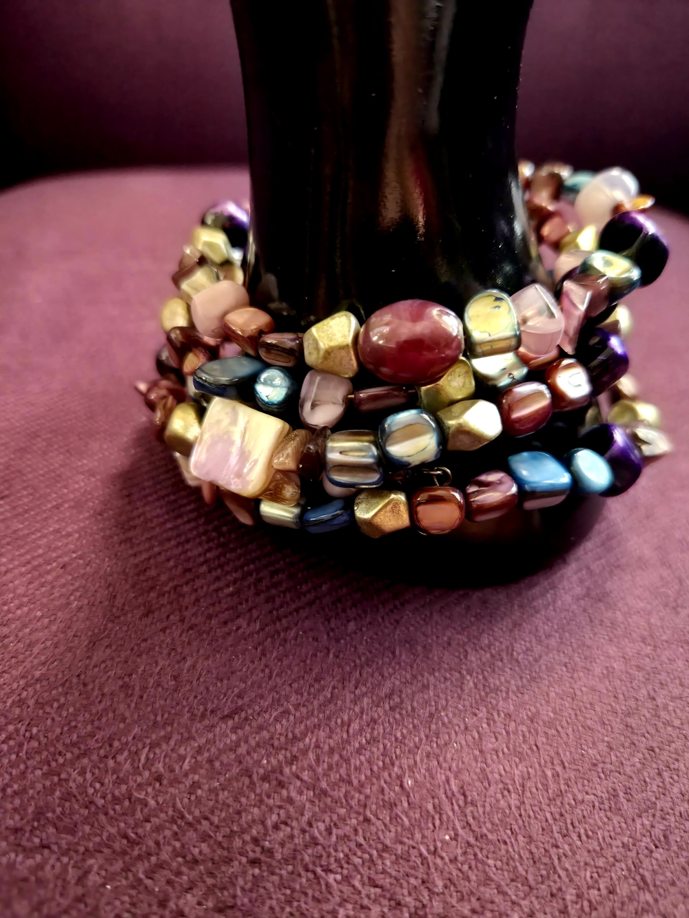 1990's Multi-Color Beaded, Mother Of Pearl, Mixed Glass Stones Multi Wrap Wire